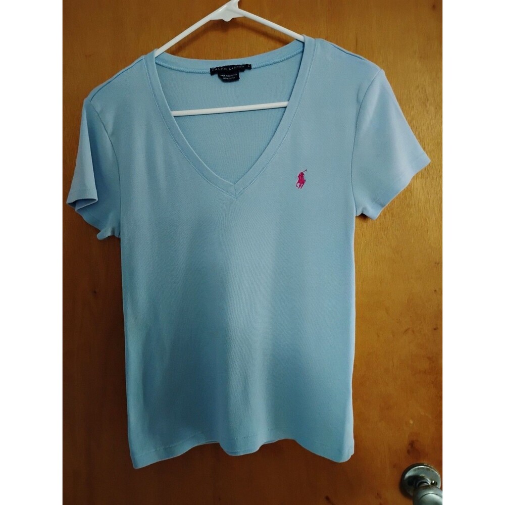 Ralph Lauren Women Blue Pink Pony V-neck Cotton T-shirt Sporty Athletic Size L